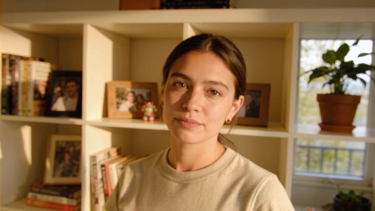 Donna con un top chiaro che si gira a casa, reagendo alla luce del sole, controllando le foto sullo scaffale e mostrando un elastico per capelli.