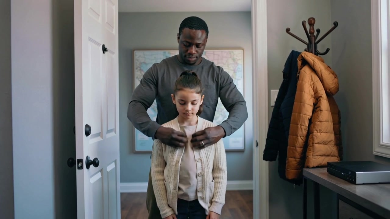 Un père aidant à enfiler un cardigan beige à une fille dans le couloir, lissant le col, tandis qu'une porte ouverte signale la sortie.