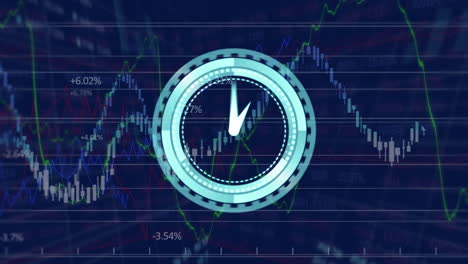 animación del reloj de neón sobre el procesamiento de datos financieros y del mercado de valores sobre un fondo azul