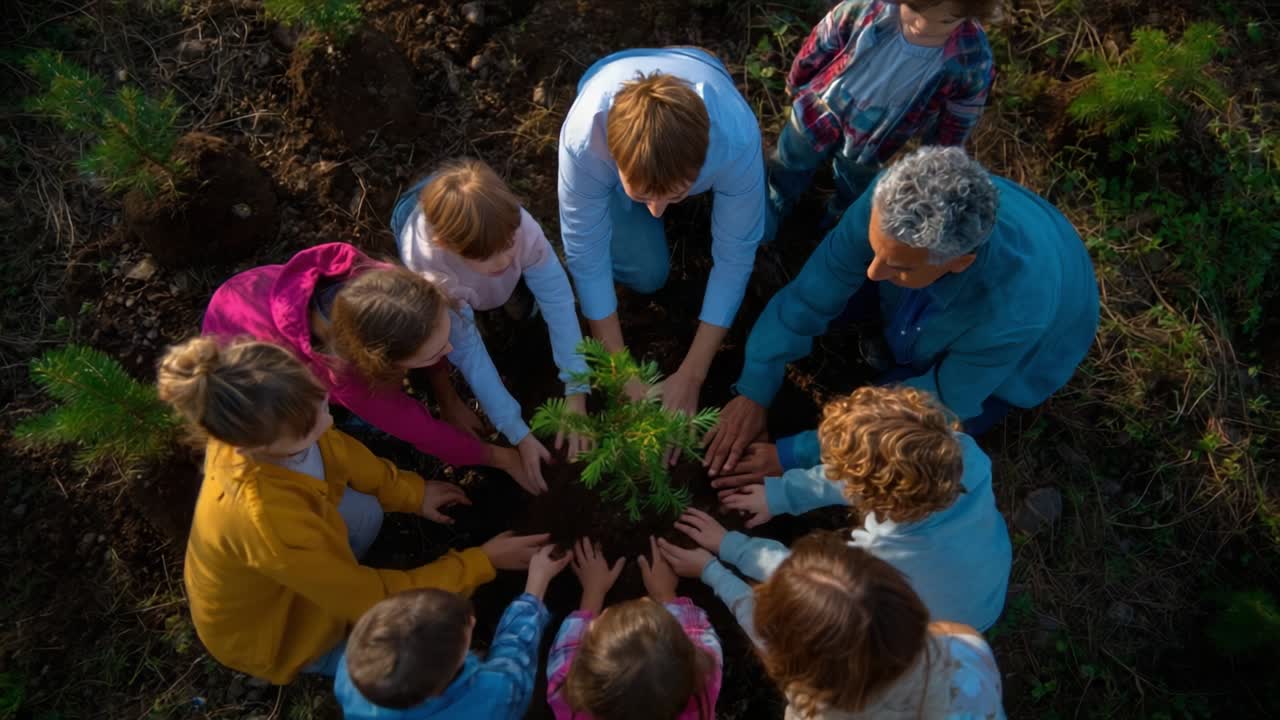 Family and Community Planting Trees Together