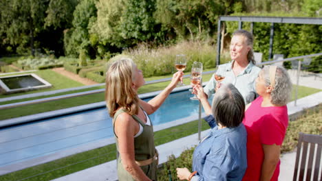 senior diverse group of women toast outdoors, with copy space