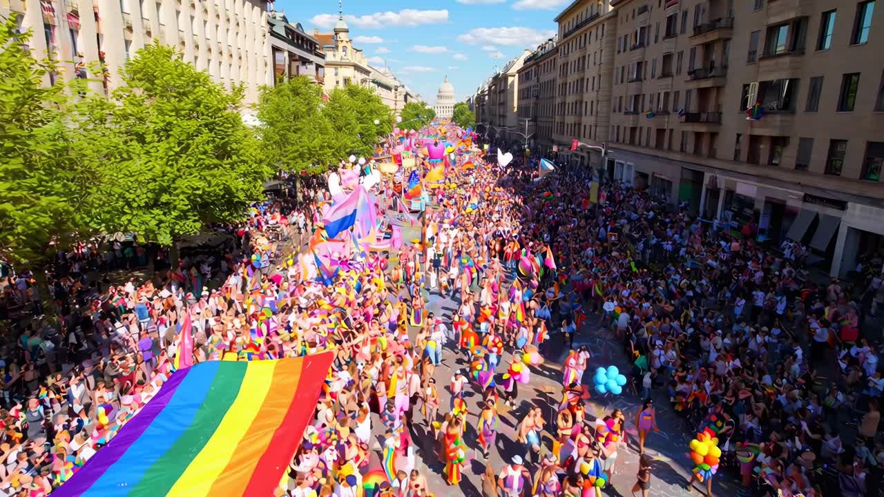 Vibrant luftvideo av en prideparade med fargerike flagg og folkemengder langs gaten