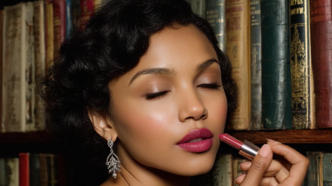A Glamorous Makeup Close-Up Showcasing a Model with Luscious Lips Applying Lipstick Against a Vintage Book Background, Capturing Beauty and Elegance