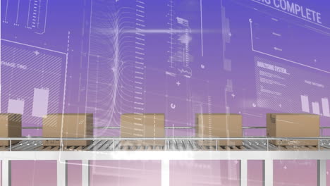 Animation of interface with data processing over boxes on conveyer belt against gradient background