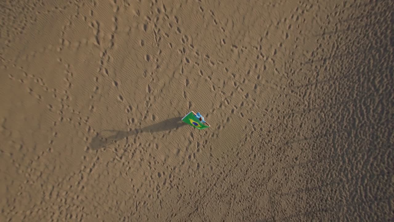 바다 연안에 브라질 발을 들고 있는 여자 위를 날아다니고