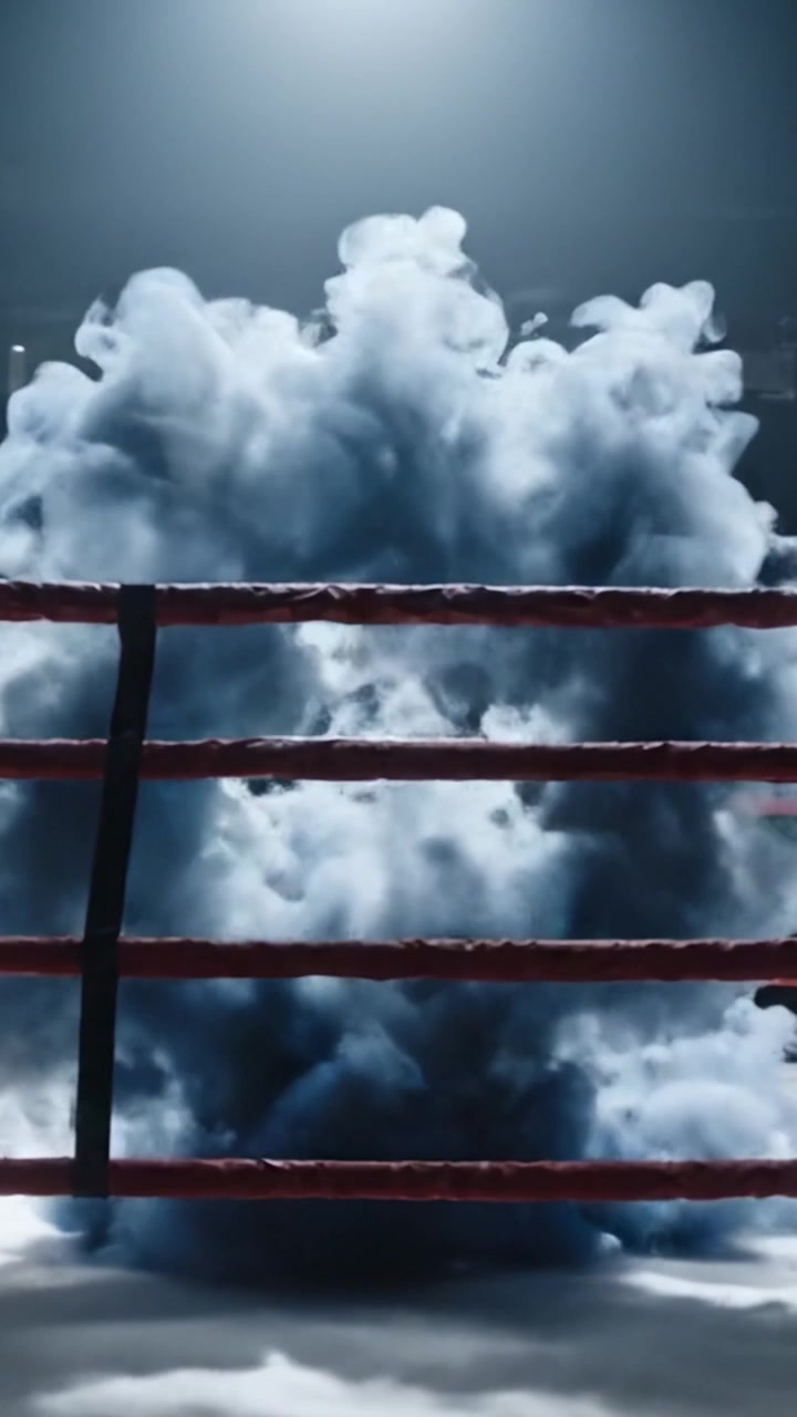 Un Intenso Scontro di Boxe: L'Attesa Cresce Mentre l'Arena Attende i Pugili in un'Atmosfera Piena di Fumo con Illuminazione Forte ed Energia Concentrata