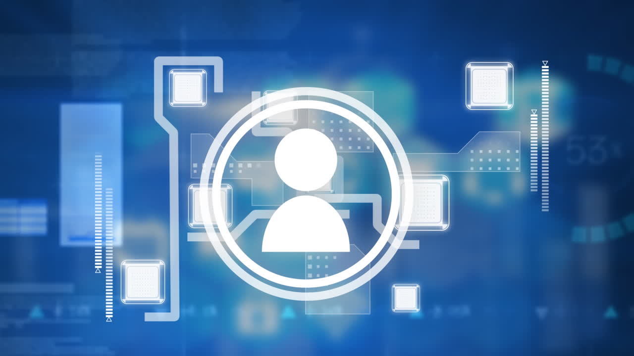 Animation of profile icon floating over statistical data processing against blue background