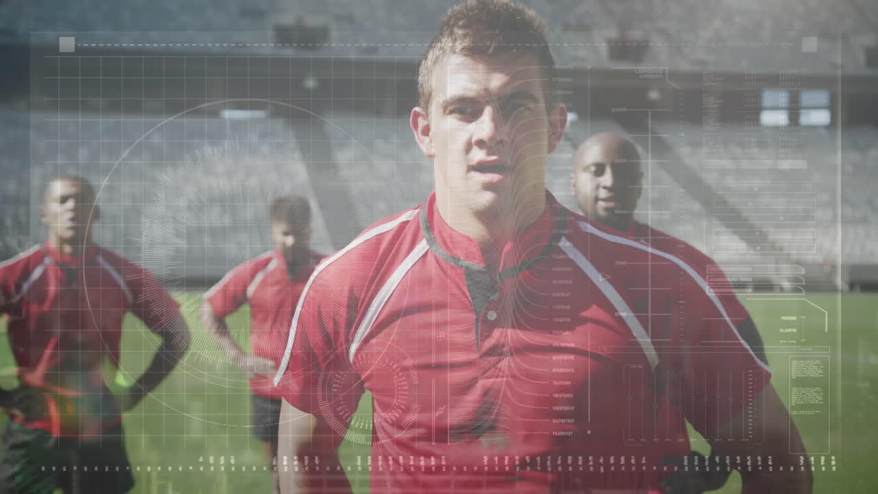 스포츠 경기장에서의 럭비 경기에 대한 데이터 처리 애니메이션