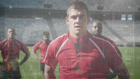 animación del procesamiento de datos durante un partido de rugby en un estadio deportivo