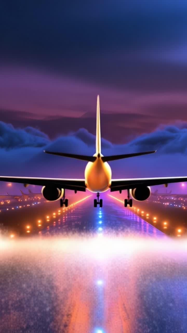 Una majestuosa escena de aeropuerto al anochecer con luces vibrantes y nubes que realzan el despegue de un avión en la pista, creando una atmósfera impresionante.