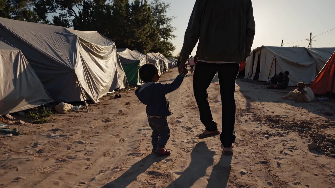 Silhouetted man and child walk through a refugee camp at sunset. Tents line the path. The refugee