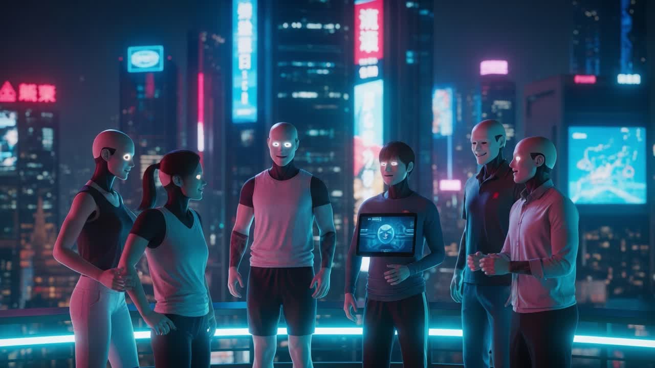 In a futuristic cityscape, a group of humanoid figures with robotic features engages in a dynamic conversation under the vibrant glow of neon signs, reflecting advanced technology and collaboration.