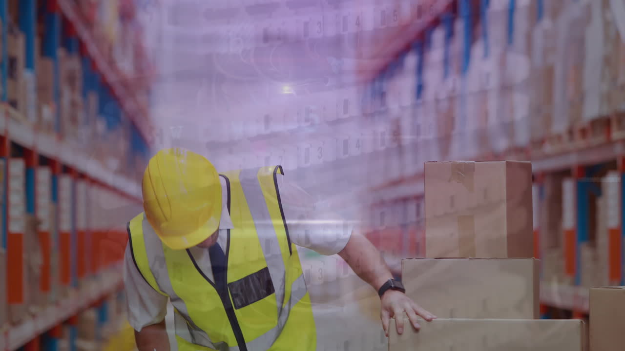 animación de círculos pulsantes sobre un trabajador de almacén caucásico en un almacén