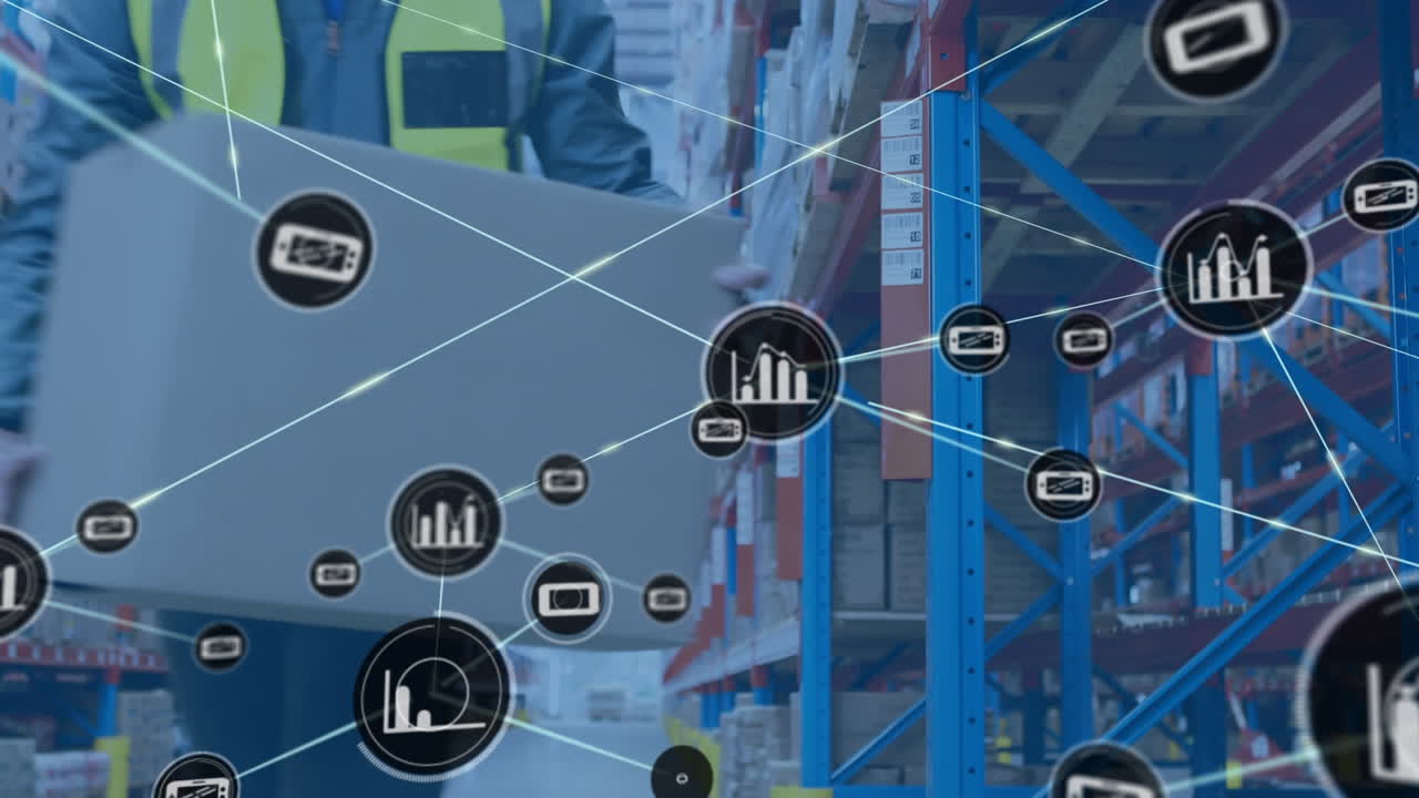 animación de la red de conexiones con iconos sobre el hombre que trabaja en el almacén