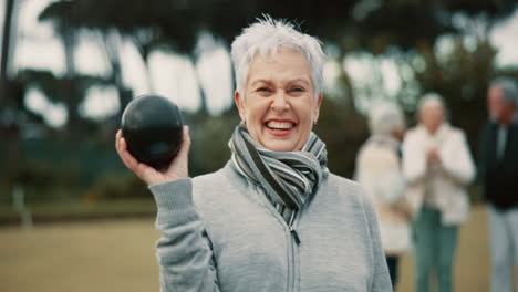 Senior-woman,-lawn-boules-and-park-with-face