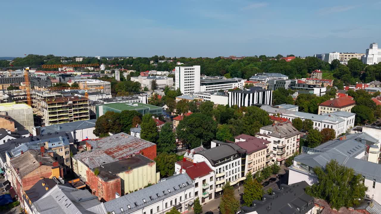 Aerial view of Kaunas, Lithuania showing a mix of modern and historic buildings, green spaces, and central square under clear blue sky on a sunny day