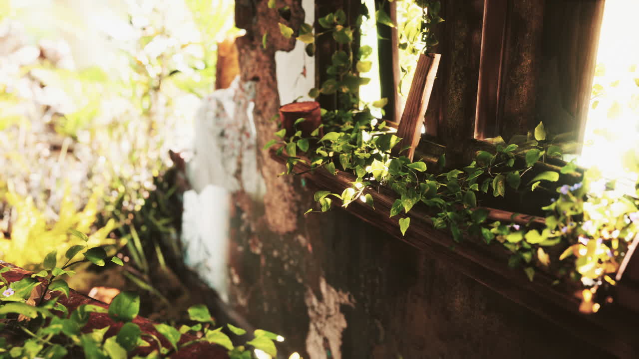 arruinado abandonado cubierto de plantas interior