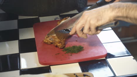 chef makes a presentation of the barbecue dish. ready to serve. delicious grilled meats.