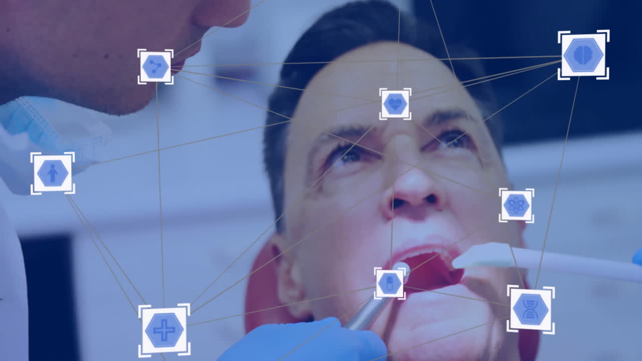 examen dental con iconos médicos y conexiones de red animación sobre el paciente