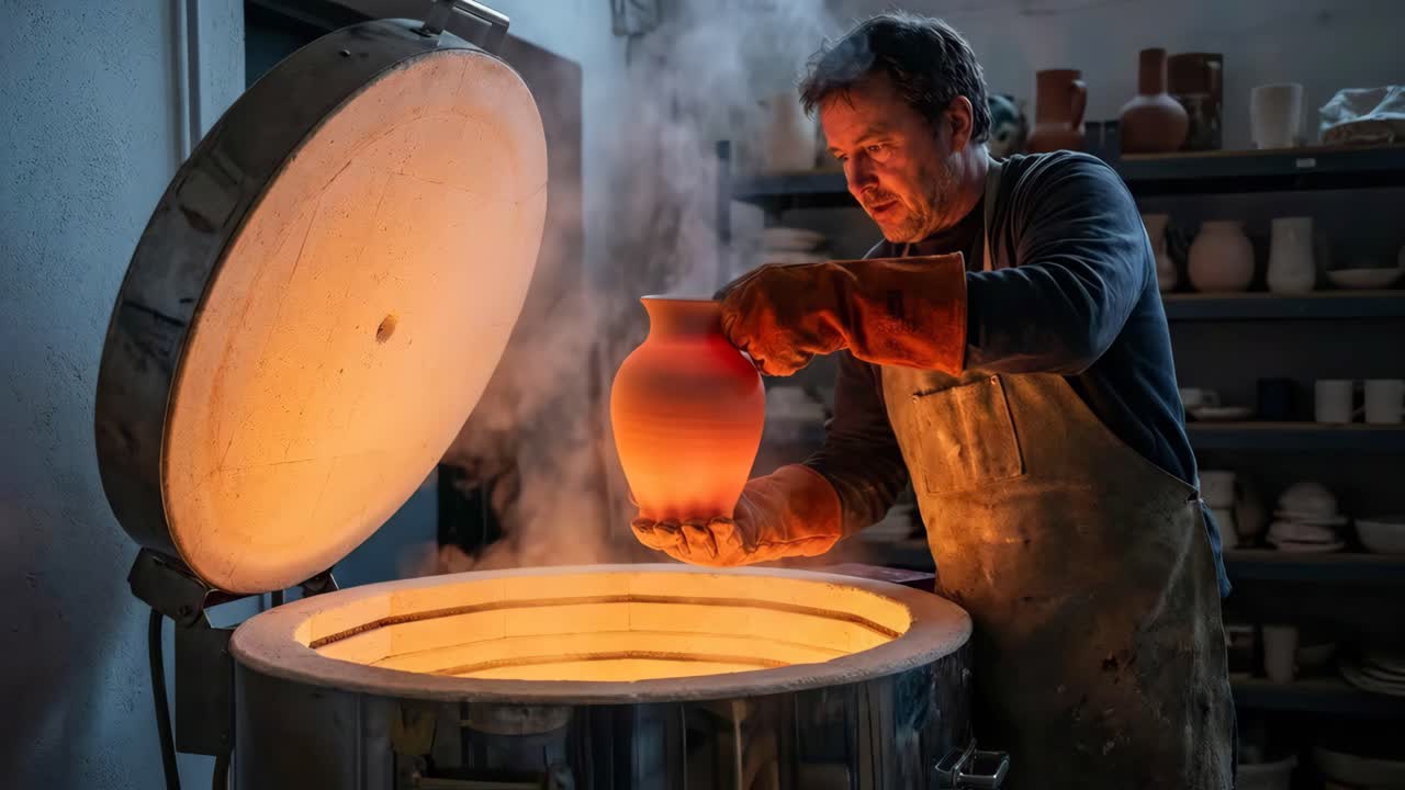 Vasaio che rimuove ceramiche calde dal forno