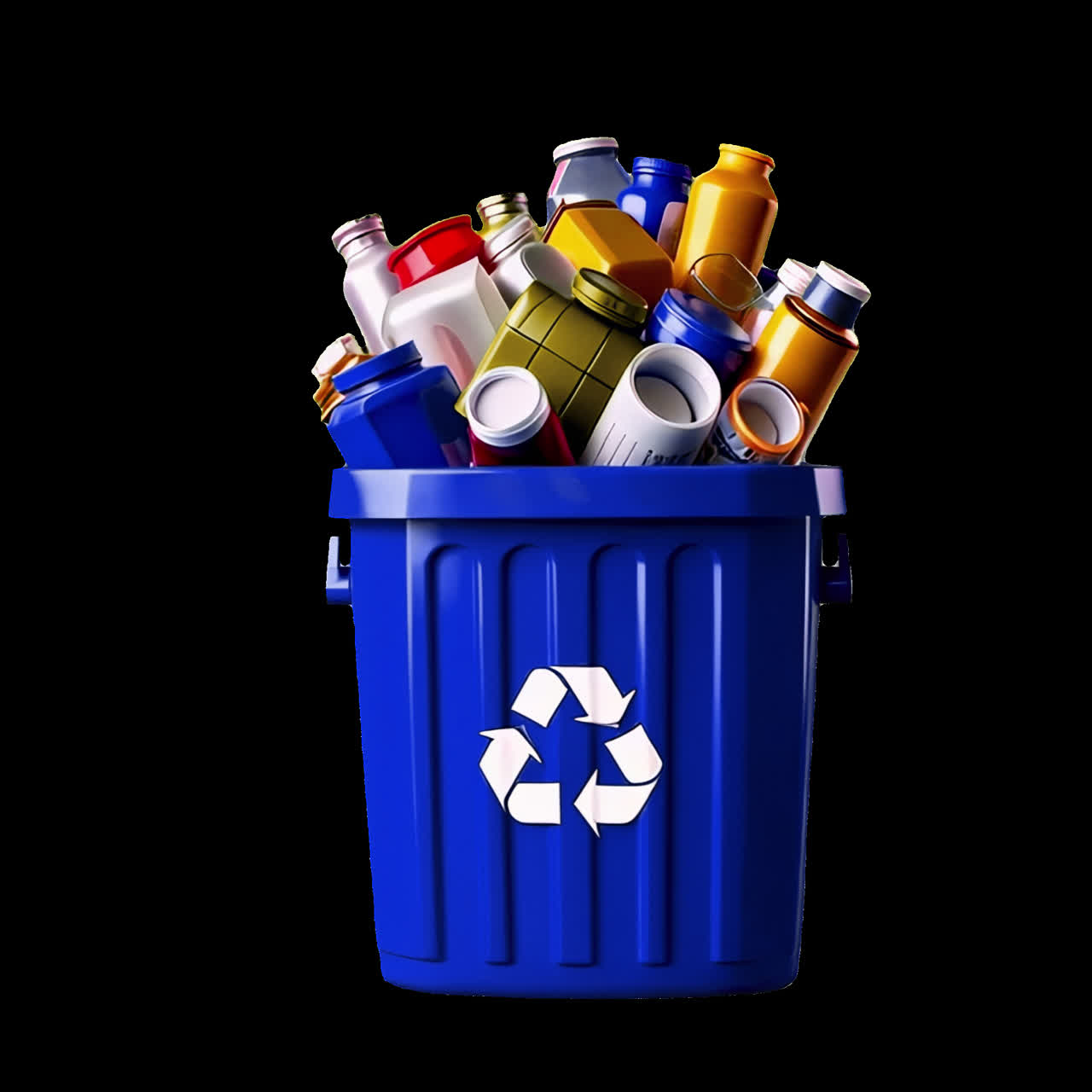 Colorful recyclable items overflowing bin animated overlay, transparent 4K video, alpha channel
