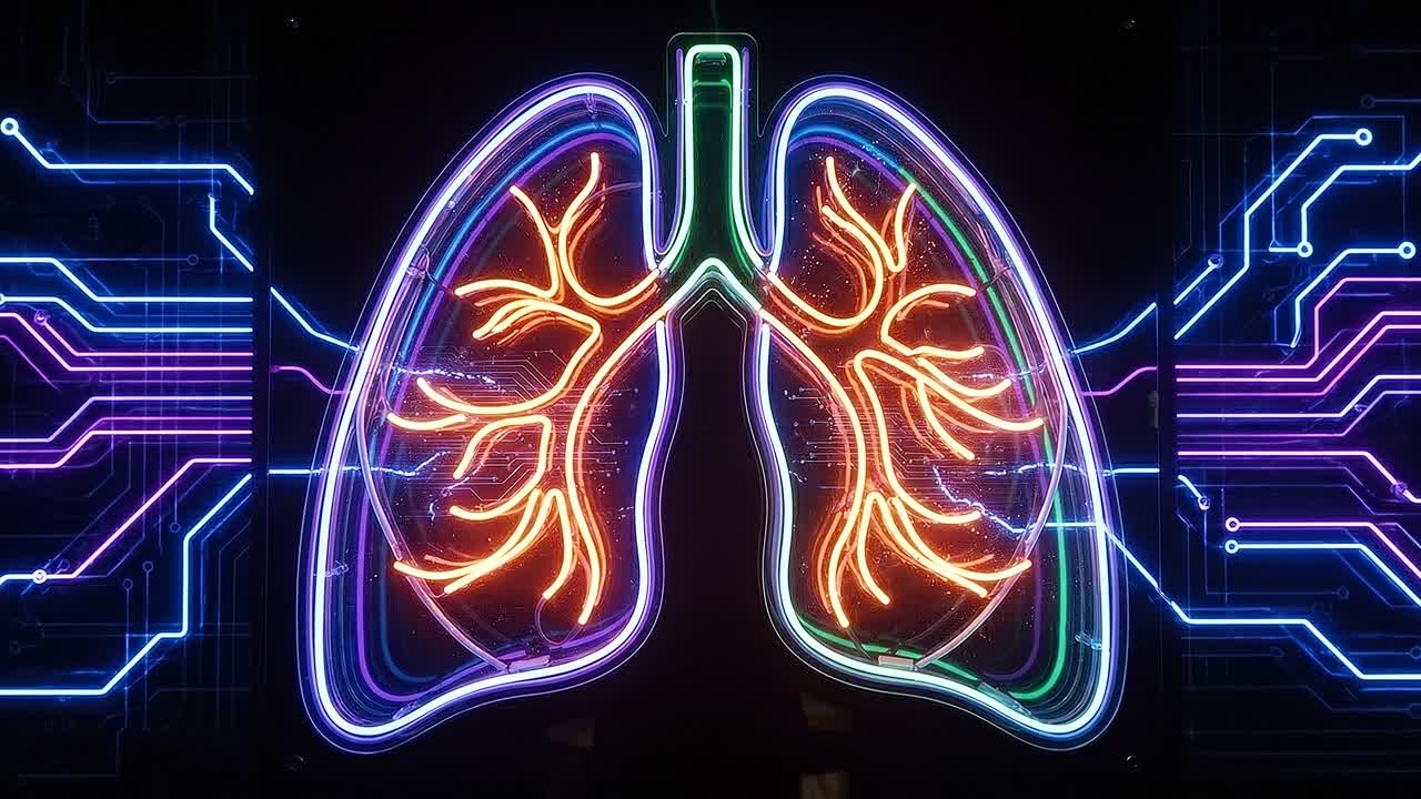 Neon style lungs illustration with glowing bronchial network integrated into futuristic circuit technology background