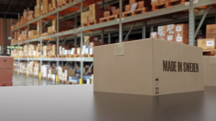 Boxes with MADE IN SWEDEN text on conveyor. Swedish goods related loopable 3D animation