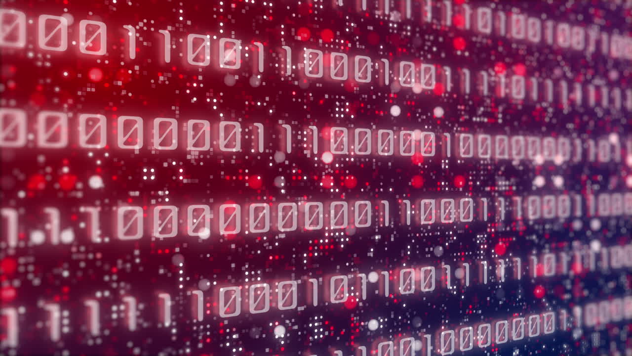 Abstract red background with binary computer code. Panel with rapidly changing zeros and ones. Looped animation. Blinking blurred pixel dots.