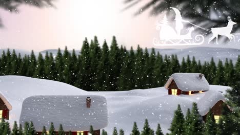 Animation-of-santa-claus-in-sleigh-with-reindeer-over-snow-falling-and-winter-landscape