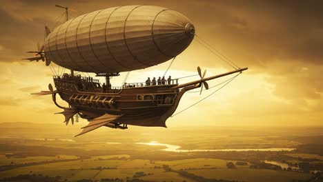 a majestic airship gliding through a golden sky, capturing the essence of adventure and exploration amidst stunning scenic landscapes