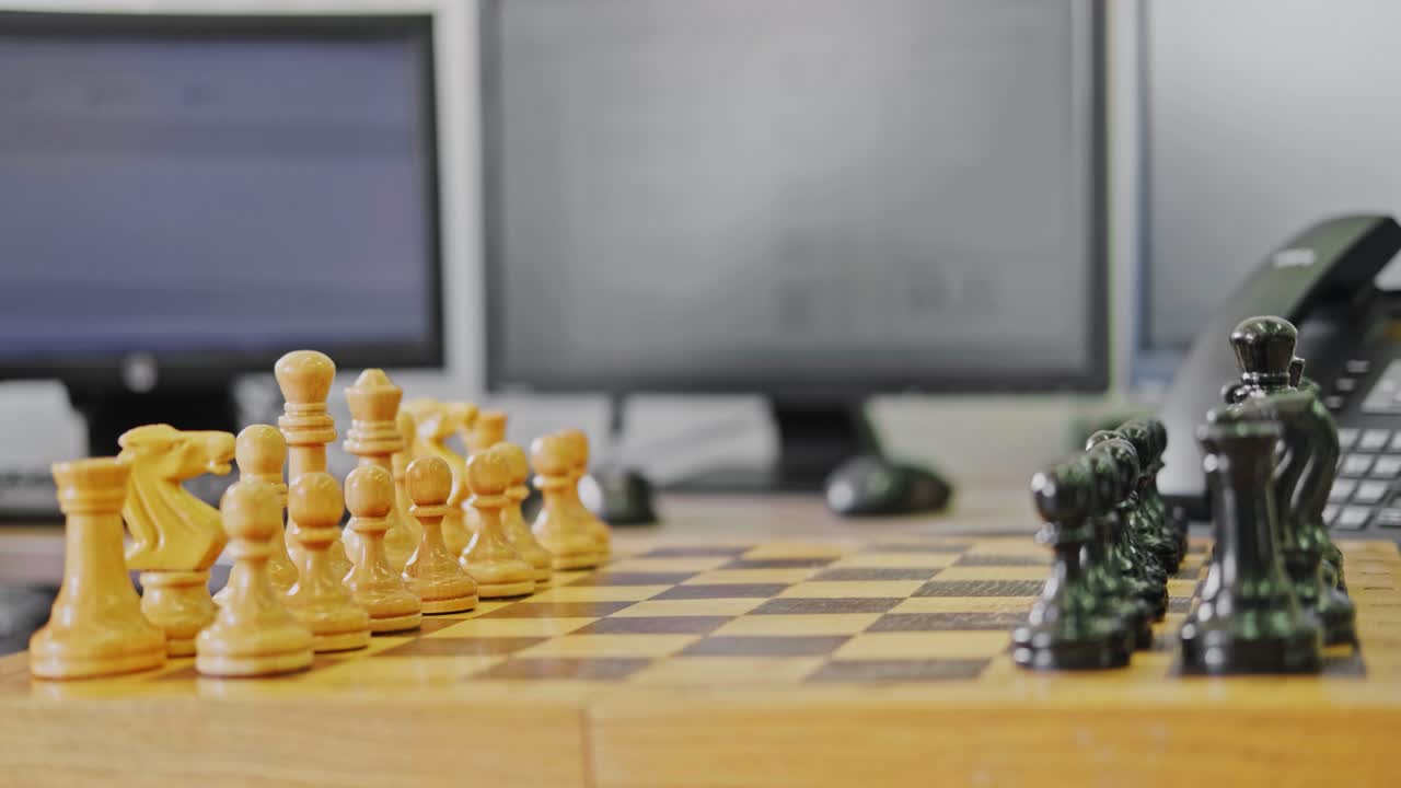 A businessman man with a chess piece pawn in his hands is working on a computer keyboard at an office desk, close-up