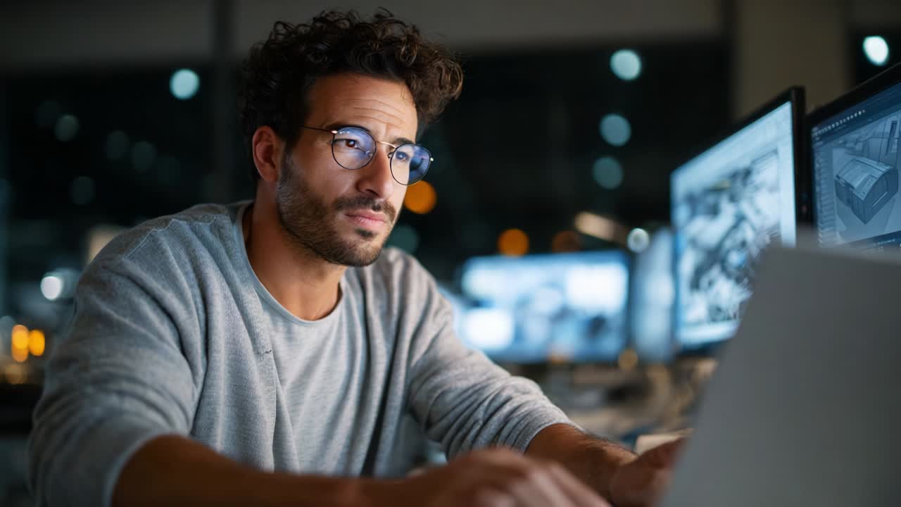 Focused Professional Programming at Night: A Dedicated Young Man Engaged in Work on Dual Computer Screens in a Dimly Lit Modern Office Setting, Exhibiting Intense Concentration and Creativity Beyond Regular Hours