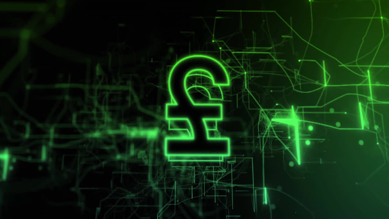 animación del signo de la libra británica y procesamiento de datos sobre fondo negro