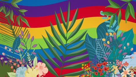 Animation-Von-Blättern,-Hosen-Und-Blumen-Auf-Regenbogenhintergrund