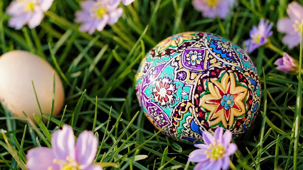 Vibrantly decorated easter egg and a plain egg rest on a bed of green grass, surrounded by delicate purple flowers, celebrating the festive occasion