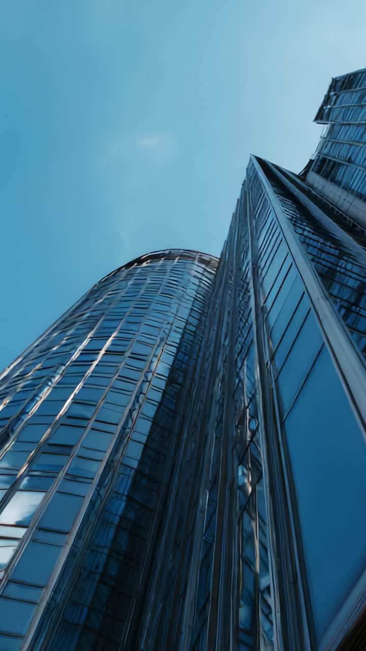 Un fantastico paesaggio urbano con un moderno grattacielo che si erge verso il cielo, ripreso dal livello del suolo con un cielo azzurro sullo sfondo