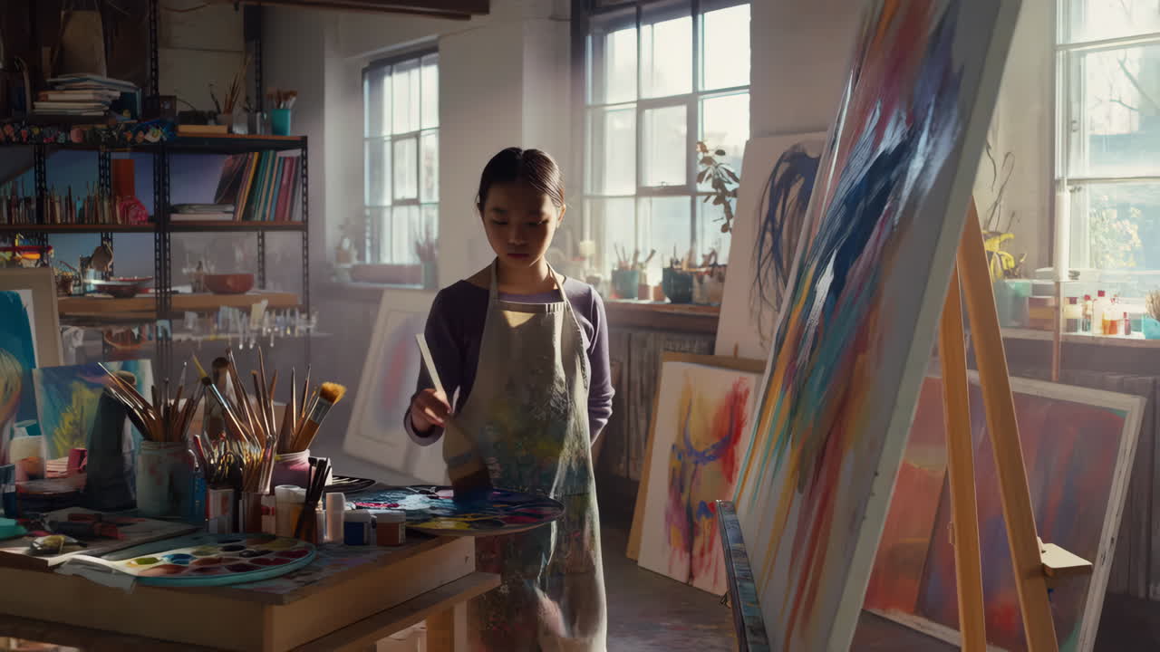 Young Artist Painting in Her Studio