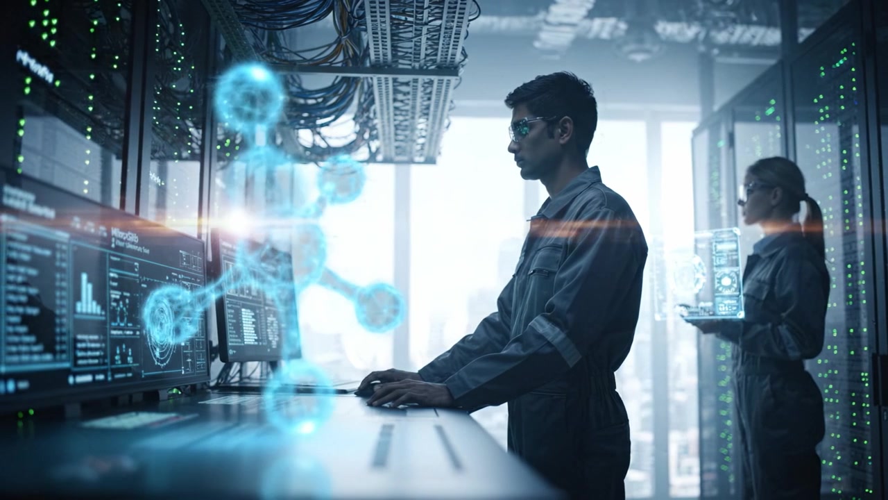 A focused technician analyzes digital data within a high-tech server room, surrounded by glowing graphics and advanced technology, showcasing modern data management.