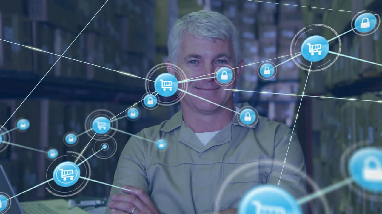 animación de la red de conexiones con iconos sobre el hombre caucásico que trabaja en el almacén