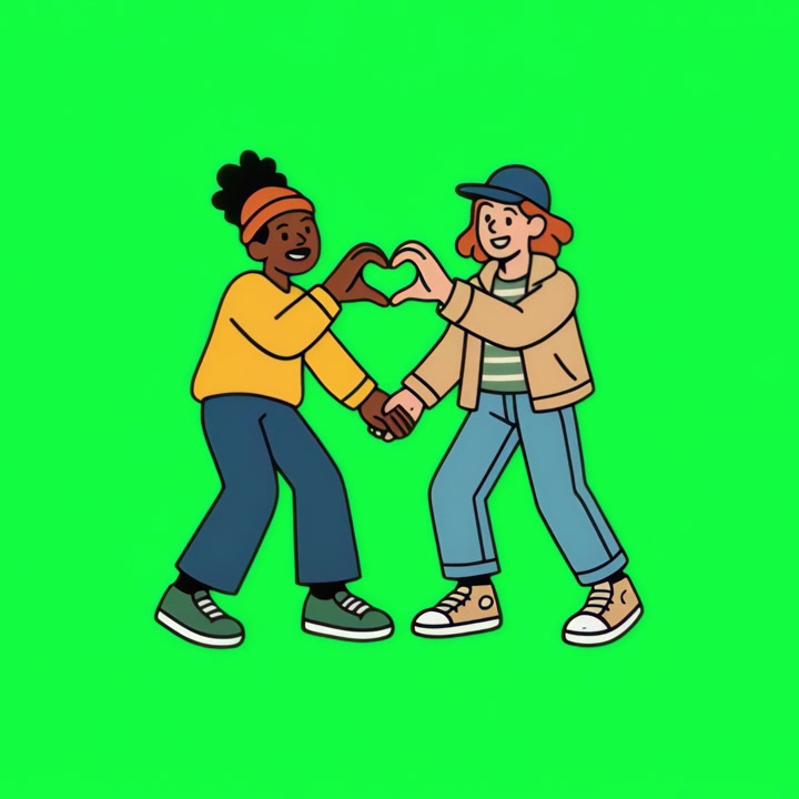 Amici animati e diversi che formano una forma a cuore su schermo verde