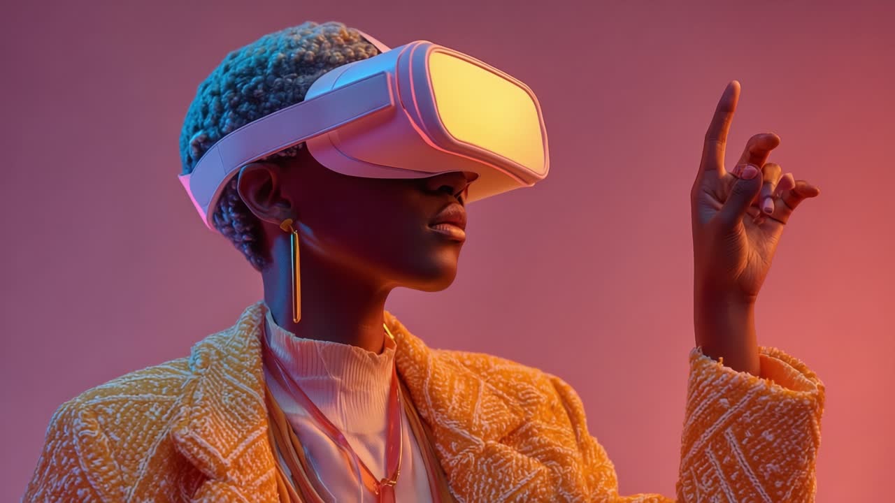 Exploring Virtual Realities: A Fashionable Individual Engaged in a Digital Experience with a Stylish VR Headset Against a Vibrantly Colored Background