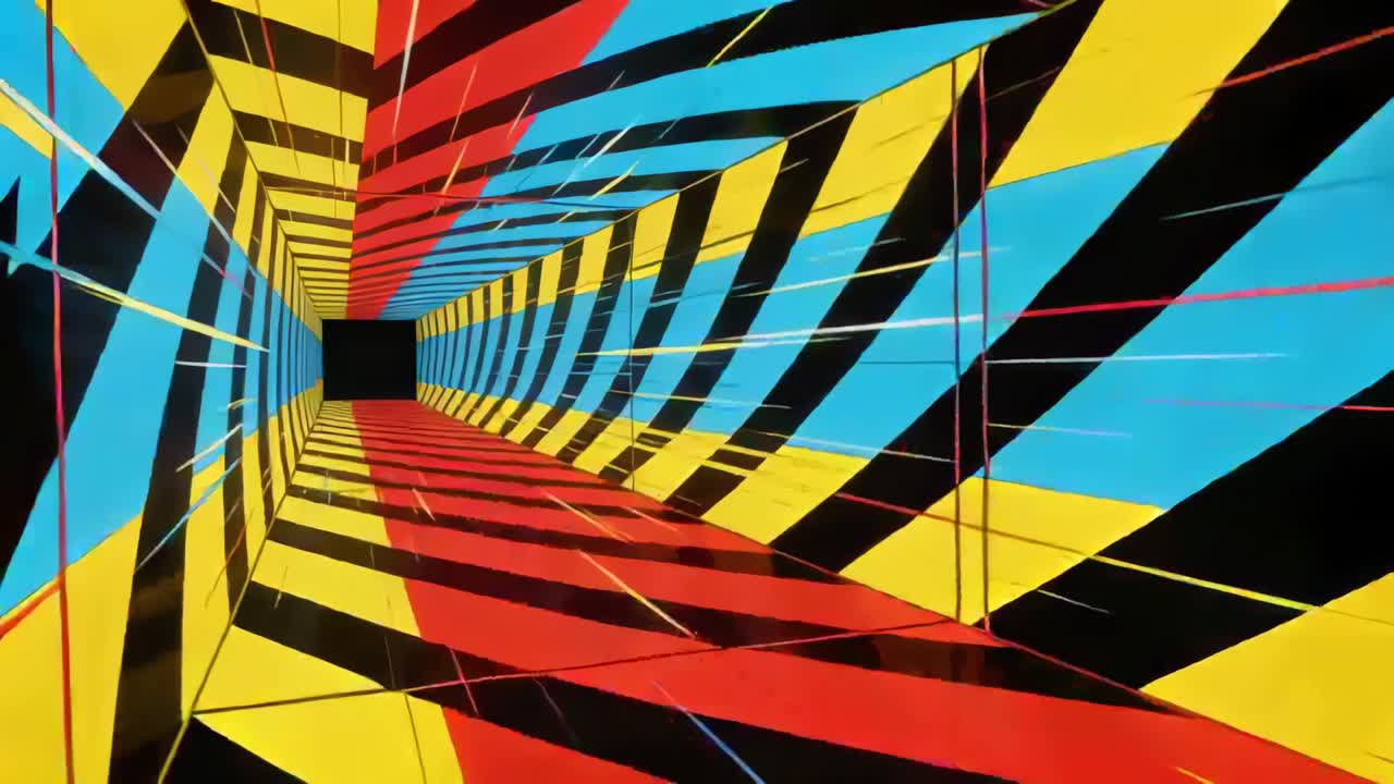 Cámara avanzando a través de un túnel pintado con bandas diagonales en una galería, revelando un cuadrado negro.
