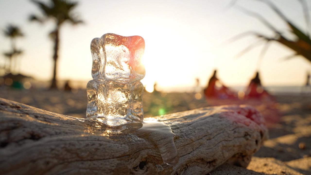 Una fresca scultura di ghiaccio a forma di orso poggia su un tronco d'albero contro lo sfondo di una vivace spiaggia al tramonto, catturando un momento sereno di gioia estiva e nostalgia.