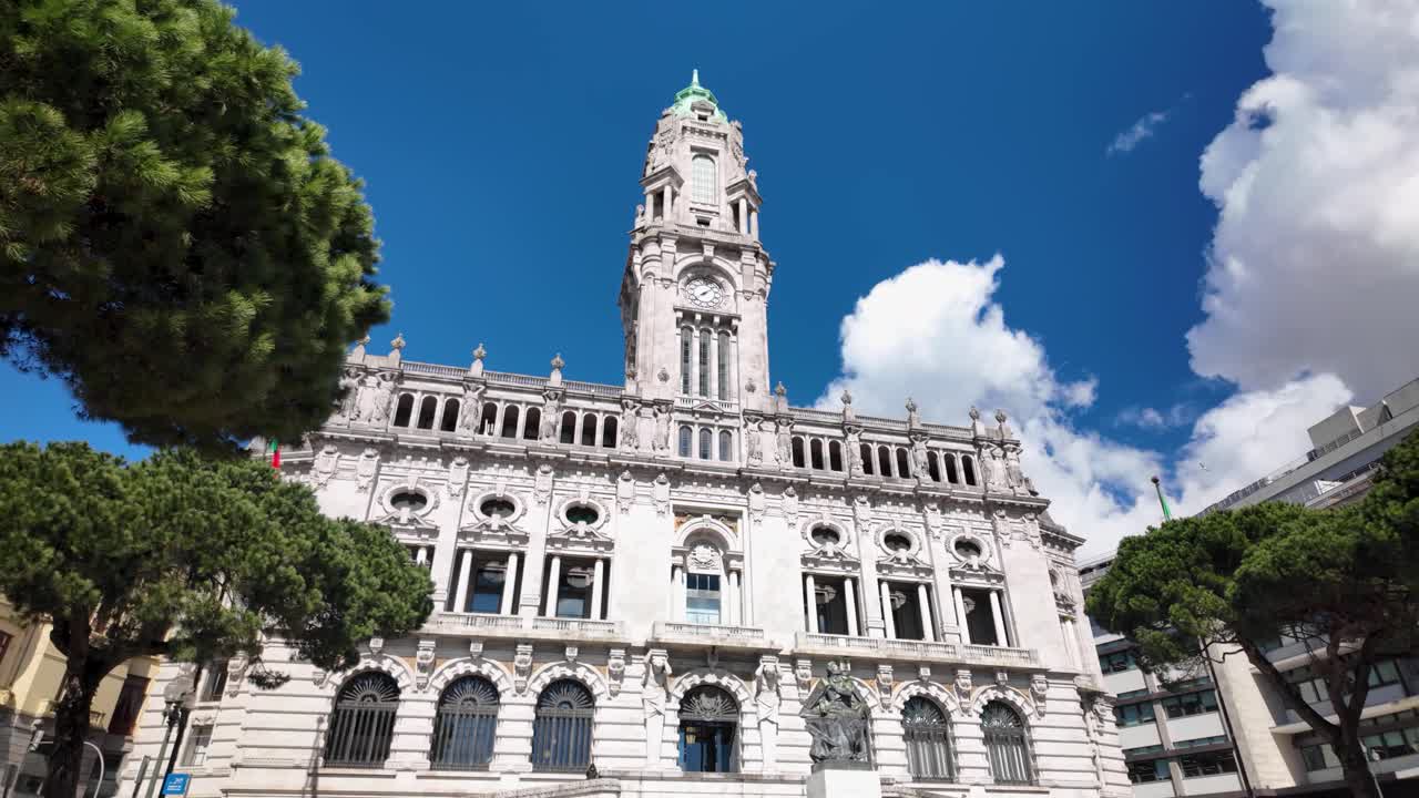 Slow motion pan of Porto Town Hall on sunny day