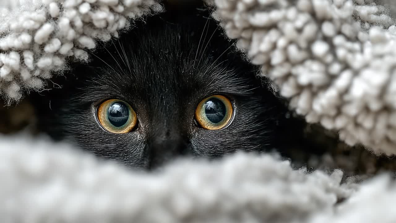 Un curioso gatto nero che sbircia da sotto una morbida e accogliente coperta, catturando l'intrigante momento di curiosità e comfort felino.