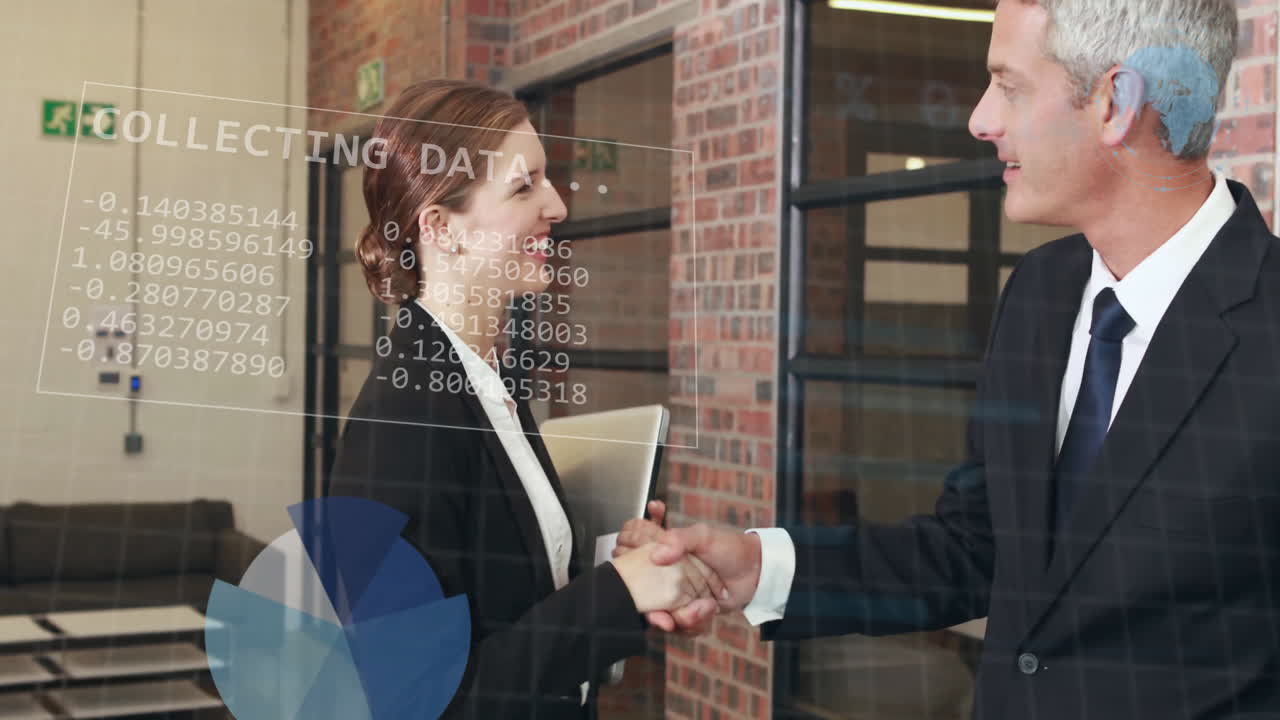 Animation of data processing over diverse business people in office
