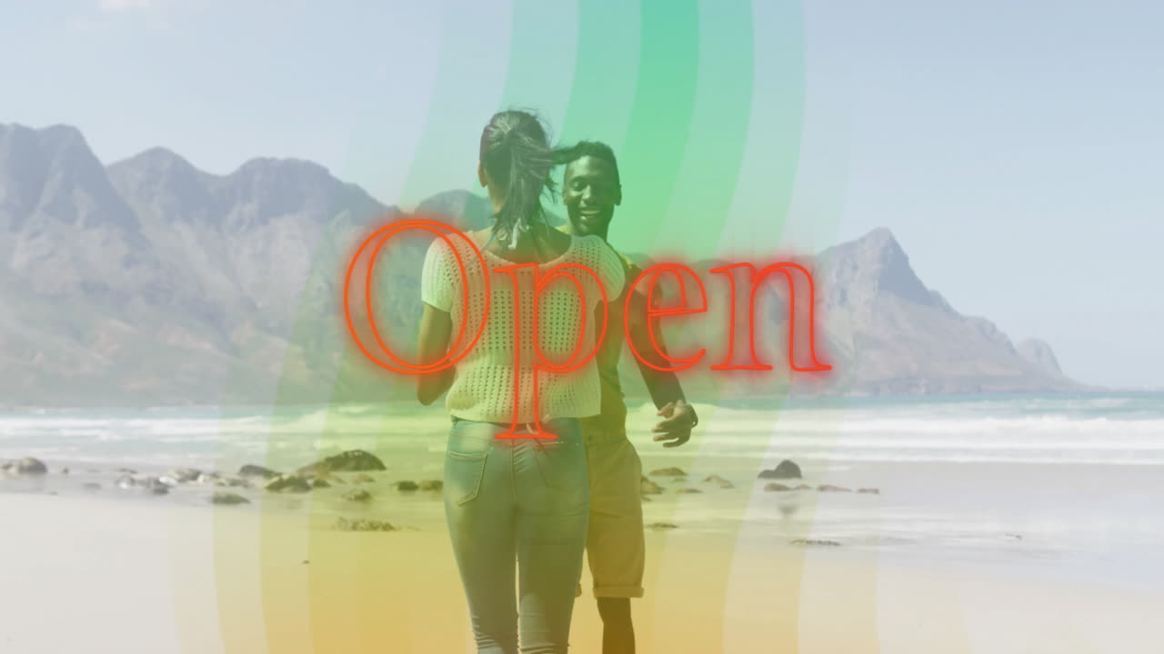 woman and man standing on beach, featuring red neon Open sign and radial overlays for marketing