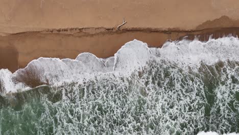 top down view of a beautiful south african beach, aerial drone shot of waves on the beach with driftwood