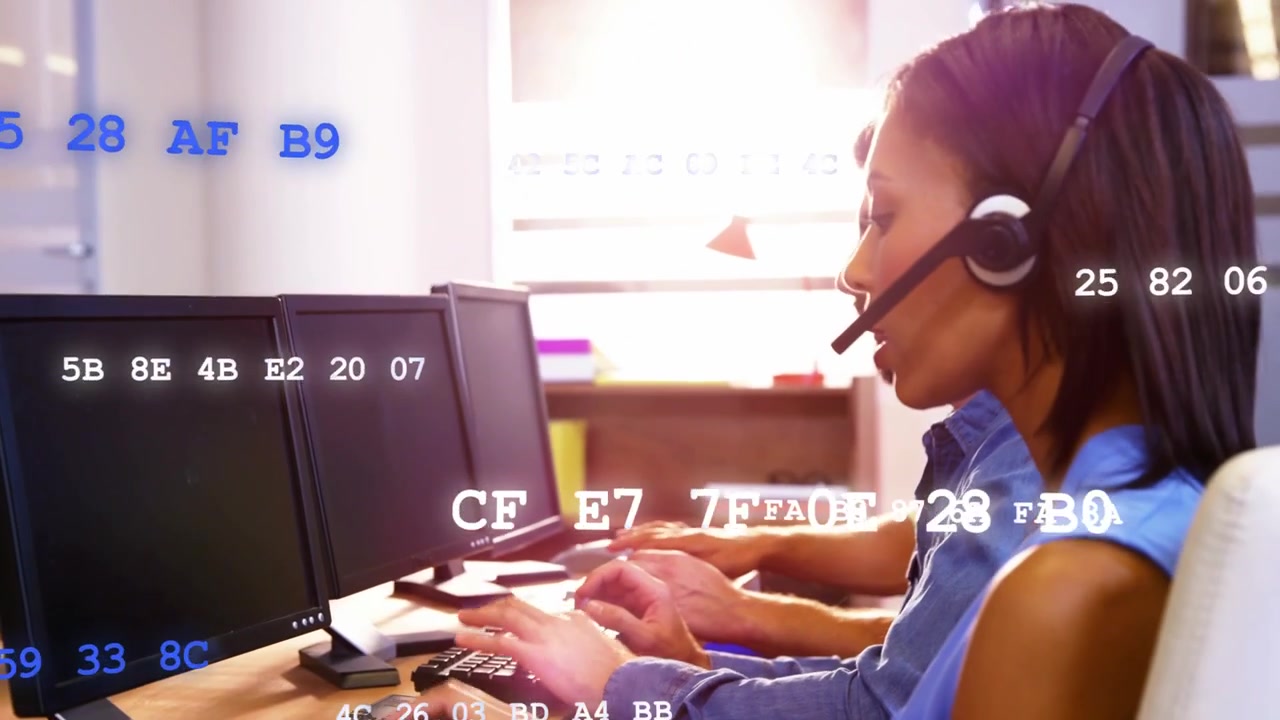 Call agents answering incoming call, typing, hex codes animating across screens highlighting inputs