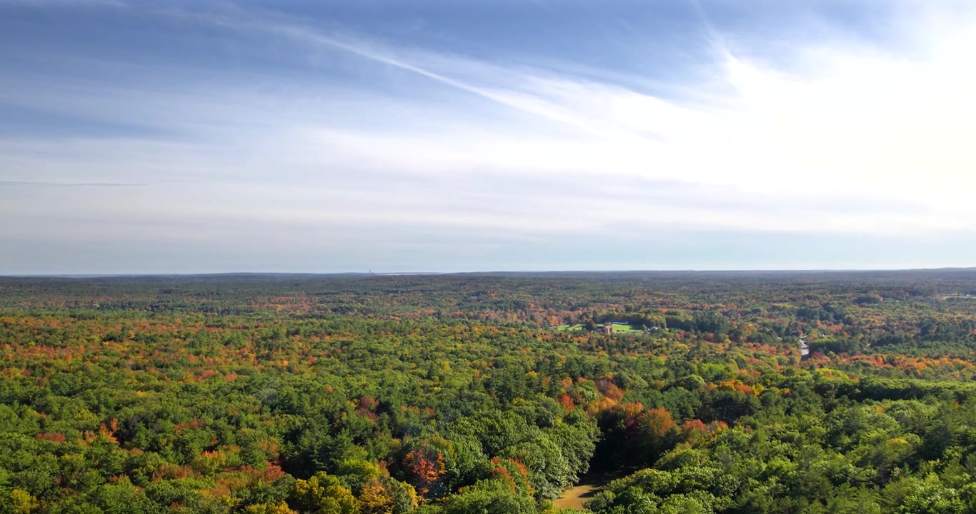 Drone flying up and over colorful fall foliage at Bradbury Mountain State Park, Maine with blue skies in the horizon.